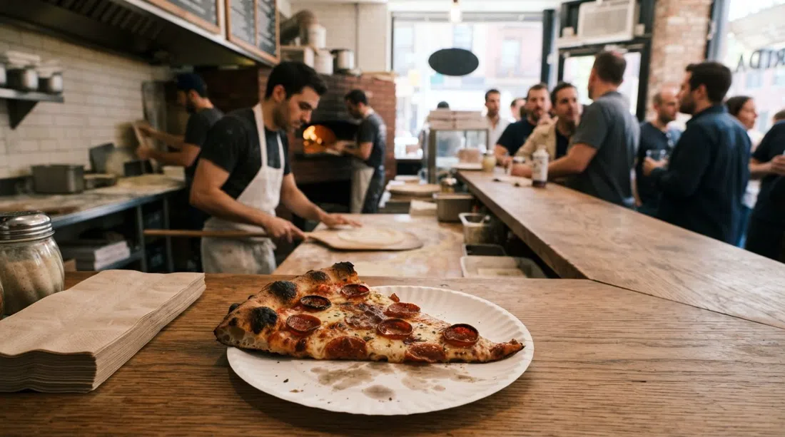 a house-milled-grain slice at Scarr's Pizza on Orchard Street, blistered crust and a folded slice on a paper plate near the counter