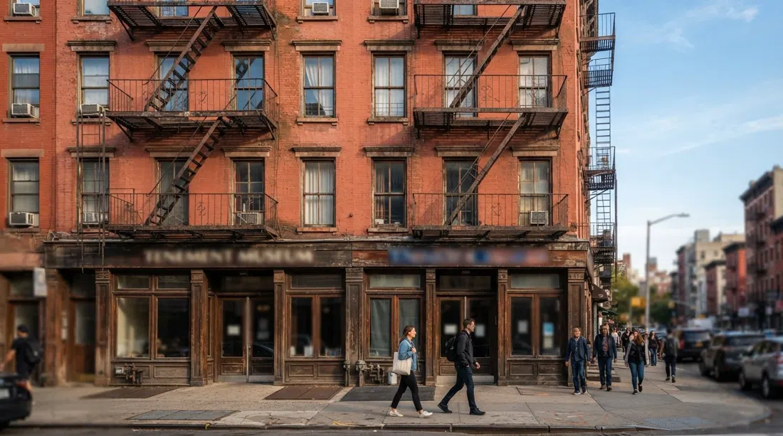 the Orchard Street facade of the Tenement Museum, cast-iron fire escapes and old brick tenement windows in afternoon light