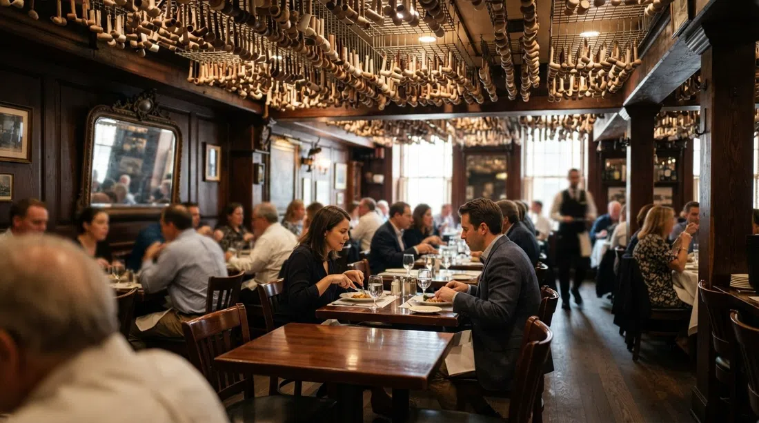 the dining room at Keens Steakhouse with rows of clay pipes hanging from the ceiling and dark wood tables below