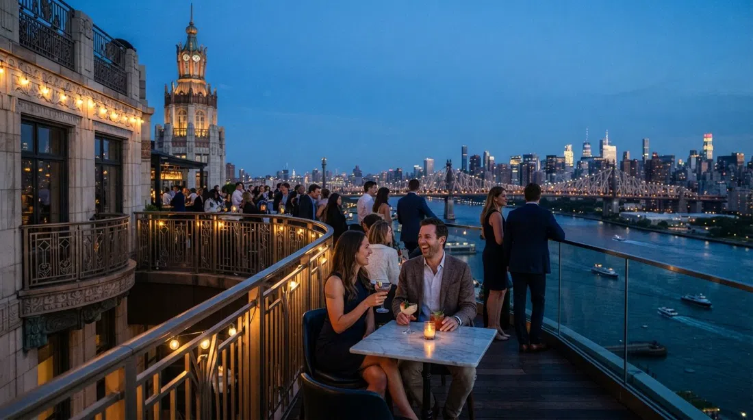 the wraparound terrace at Ophelia in the Beekman Tower at dusk, with East River and skyline views beyond Art Deco railings