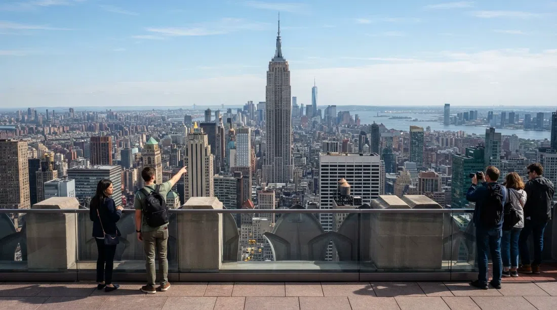the view from Top of the Rock framing the Empire State Building against the Manhattan skyline in clear daylight