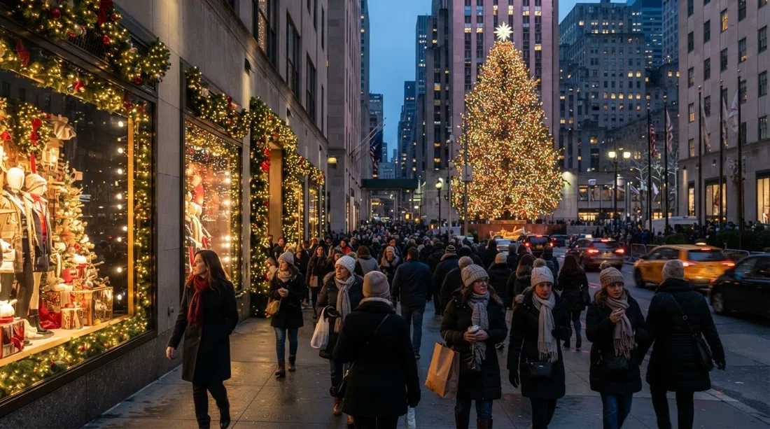 Fifth Avenue holiday window displays near Rockefeller Center with glowing storefronts and pedestrians at dusk