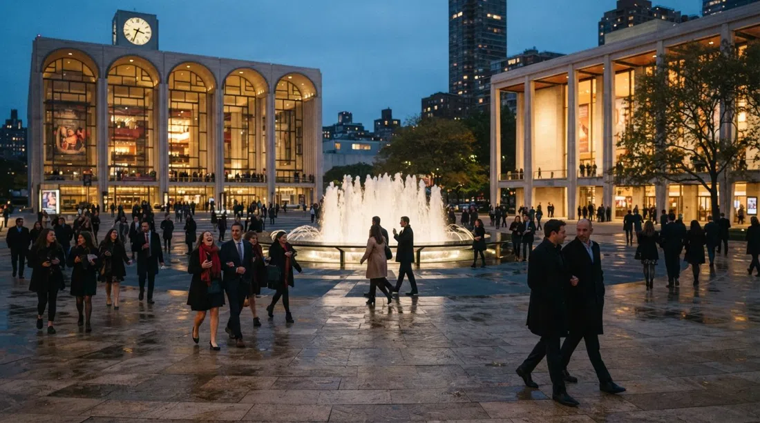 Lincoln Center’s travertine plaza and central fountain at dusk, with concertgoers crossing between the Met Opera and David Geffen Hall