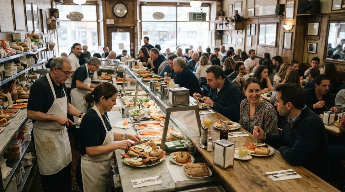 the counter and packed dining room at Barney Greengrass on Amsterdam, with smoked fish platters and weekend brunch energy
