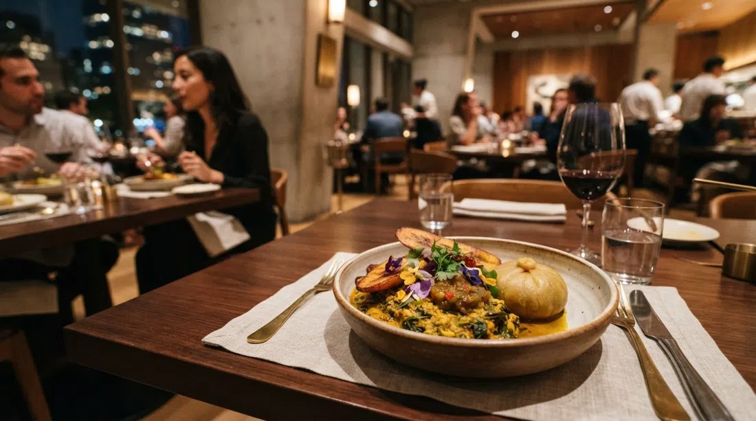 a plated Afro-Caribbean tasting menu dish at Tatiana by Kwame Onwuachi, inside Lincoln Center, with elegant fine-dining lighting