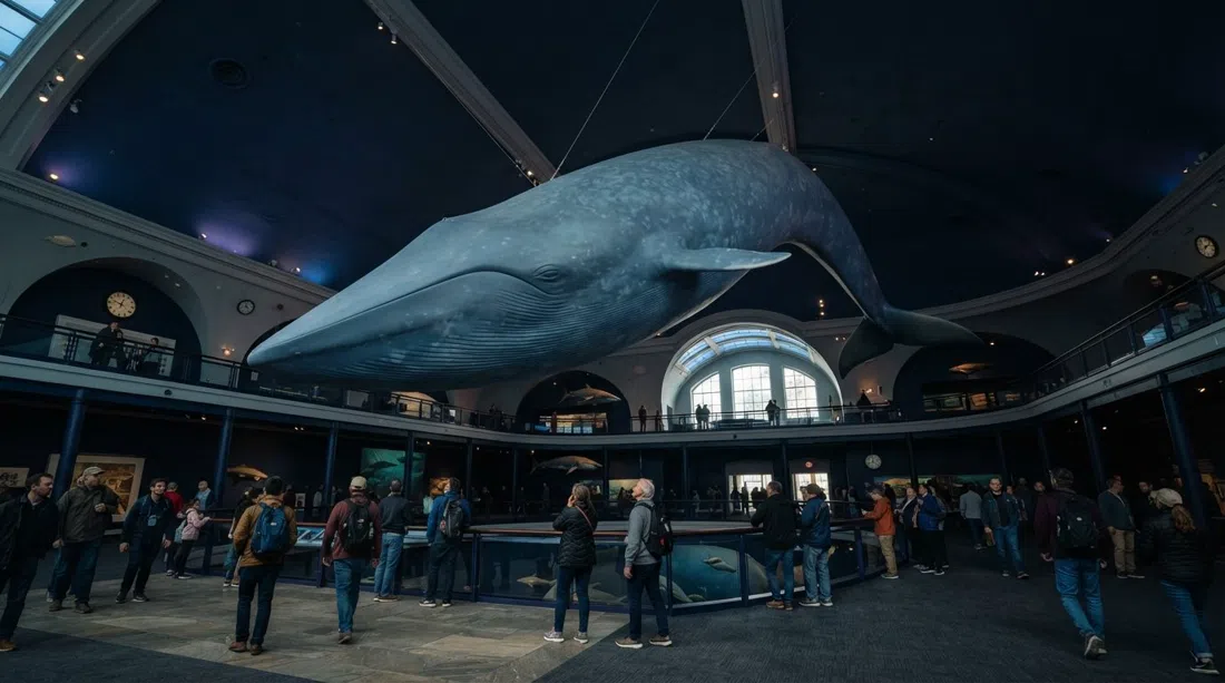 the blue whale suspended in the Milstein Hall of Ocean Life at the American Museum of Natural History, seen from below