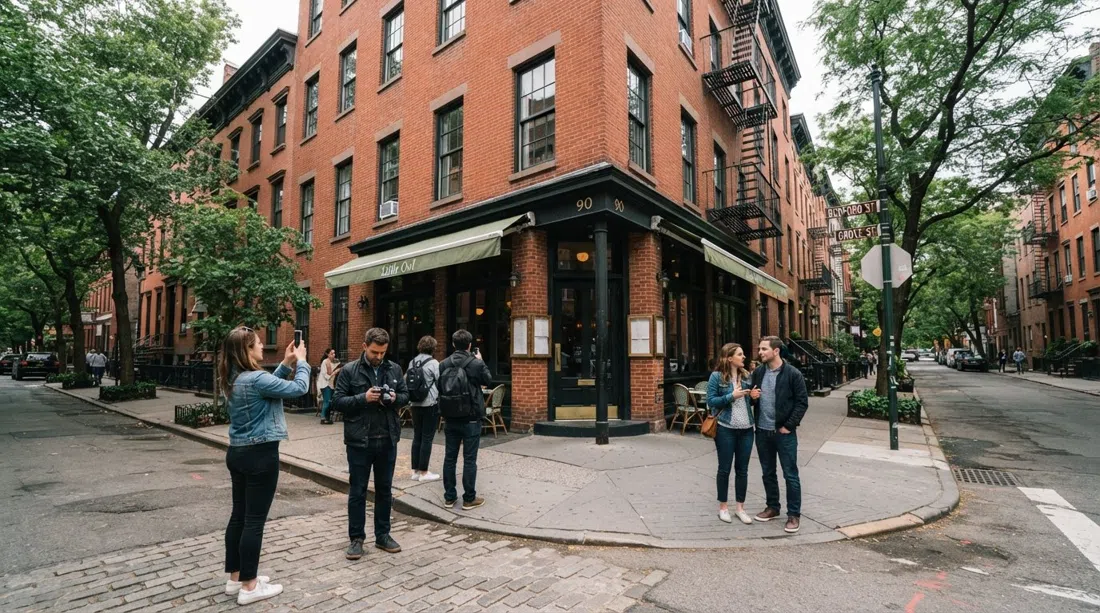 90 Bedford Street at the corner of Bedford and Grove in the West Village, red-brick facade with Little Owl on the ground floor and a small crowd gathering for photos in daylight