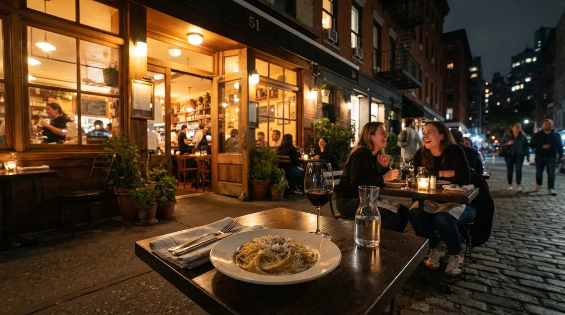Via Carota on Grove Street, intimate trattoria dining room glow spilling onto the sidewalk, a plate of tonnarelli cacio e pepe in the foreground