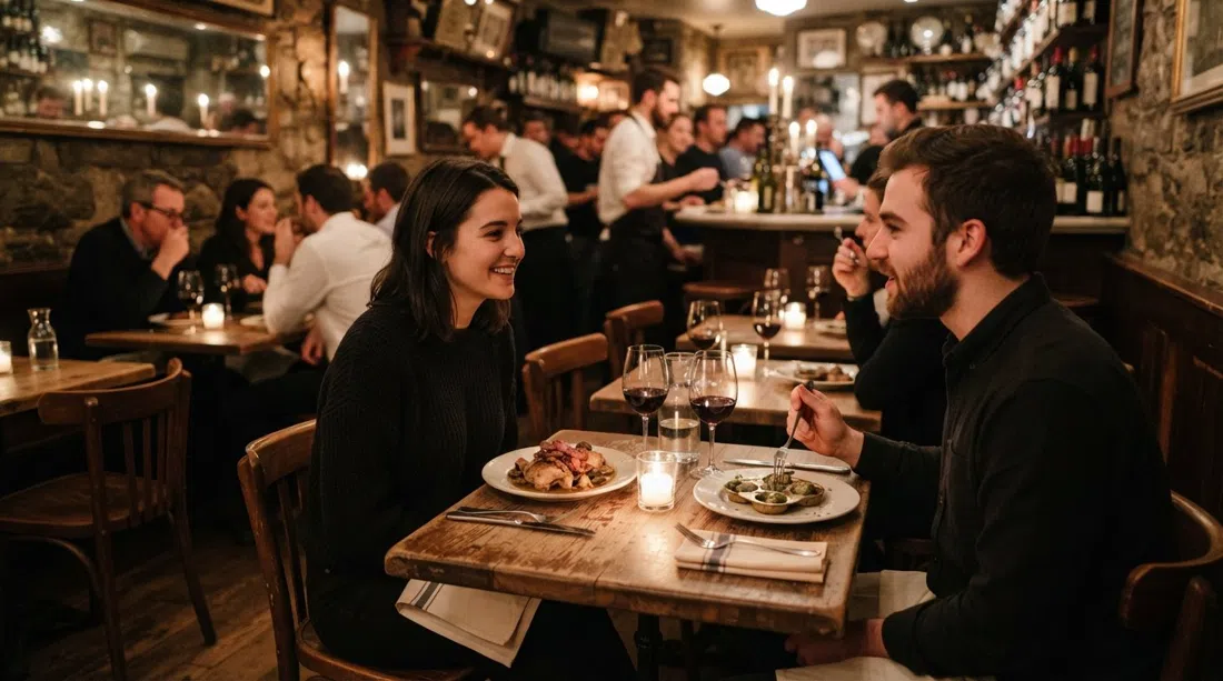 the candlelit interior of Buvette on Grove, tiny French bistro tables pressed close together with coq au vin and escargots on the table