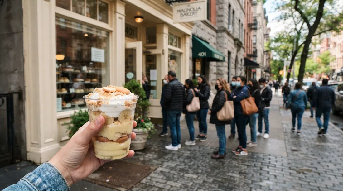 Magnolia Bakery at 401 Bleecker, a line outside the original bakery and a close view of banana pudding in a clear cup