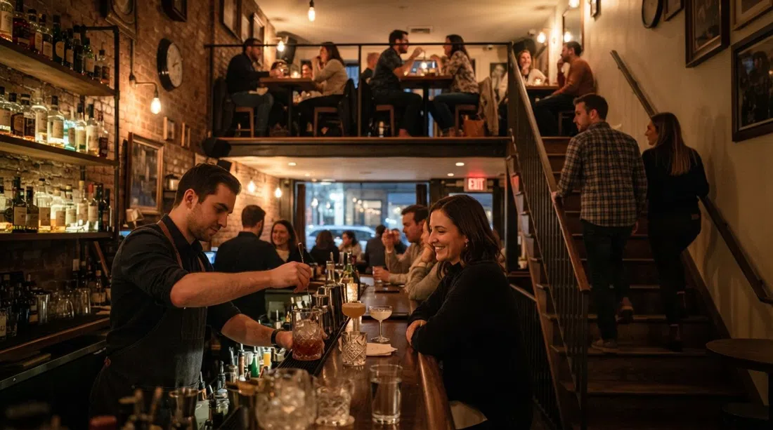 Sip & Guzzle on Cornelia Street, bi-level bar atmosphere with a precise cocktail downstairs and wagyu-fat popcorn upstairs under warm evening light