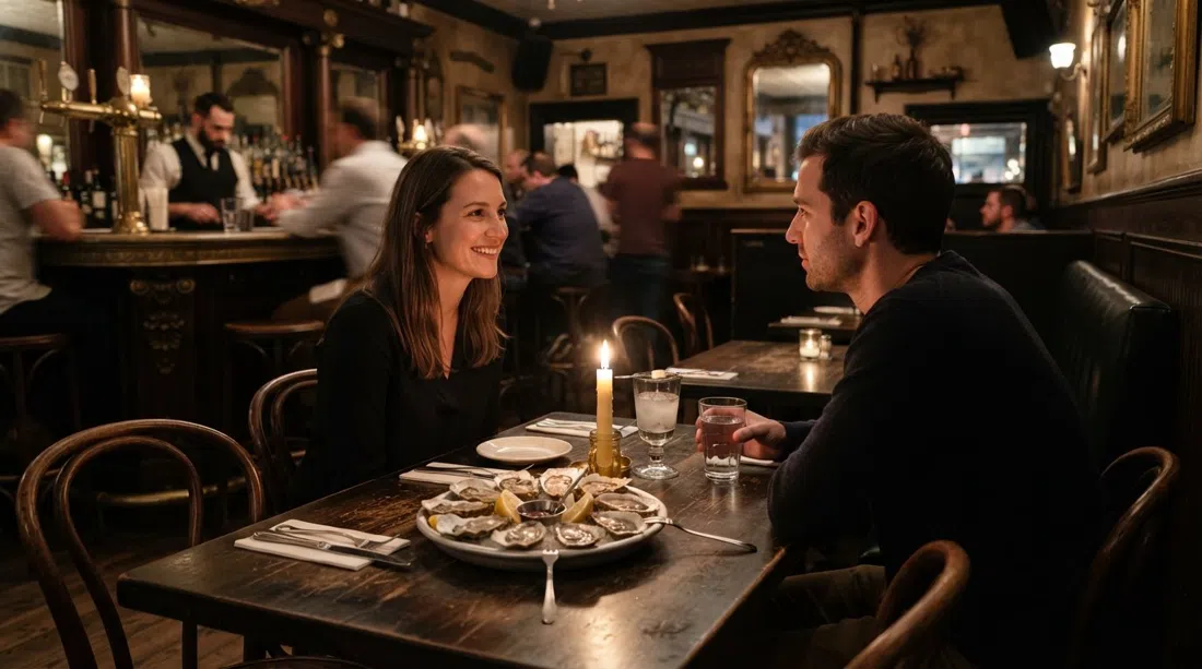 candlelit tables at Maison Premiere on Bedford Avenue, a tray of oysters and a glass of absinthe in a dim New Orleans-meets-Paris room