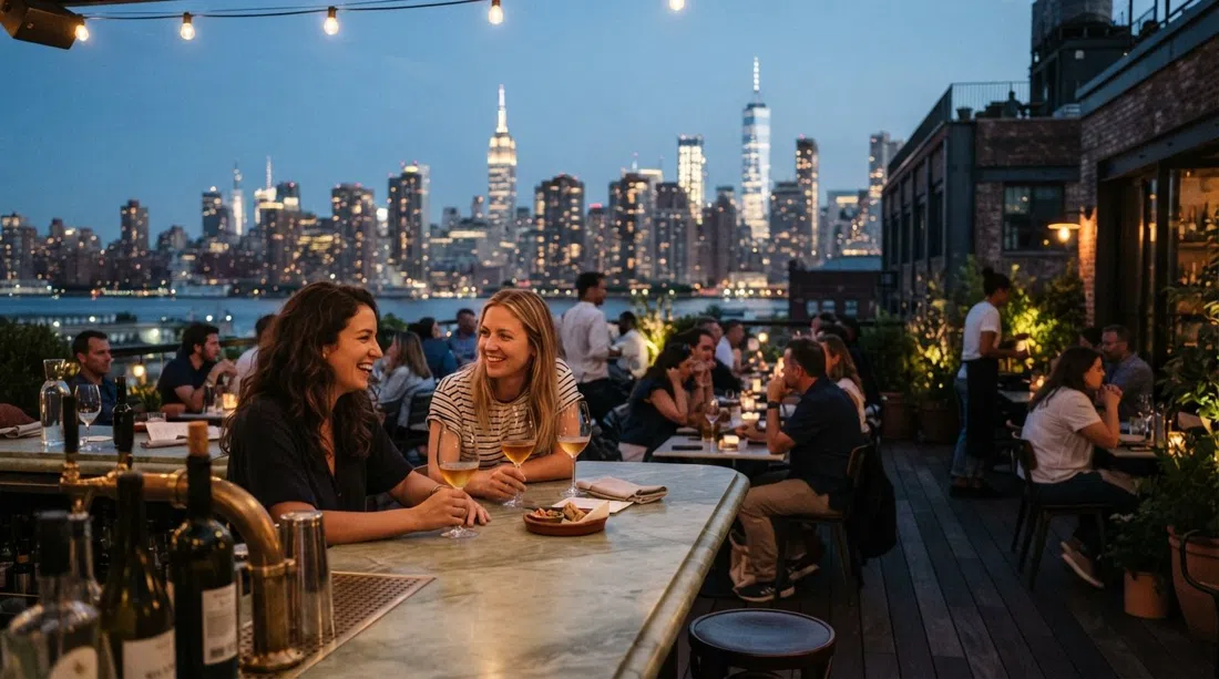 the rooftop terrace at Bar Blondeau at the Wythe Hotel, pale-green marble, natural-wine glasses, and the Manhattan skyline at dusk