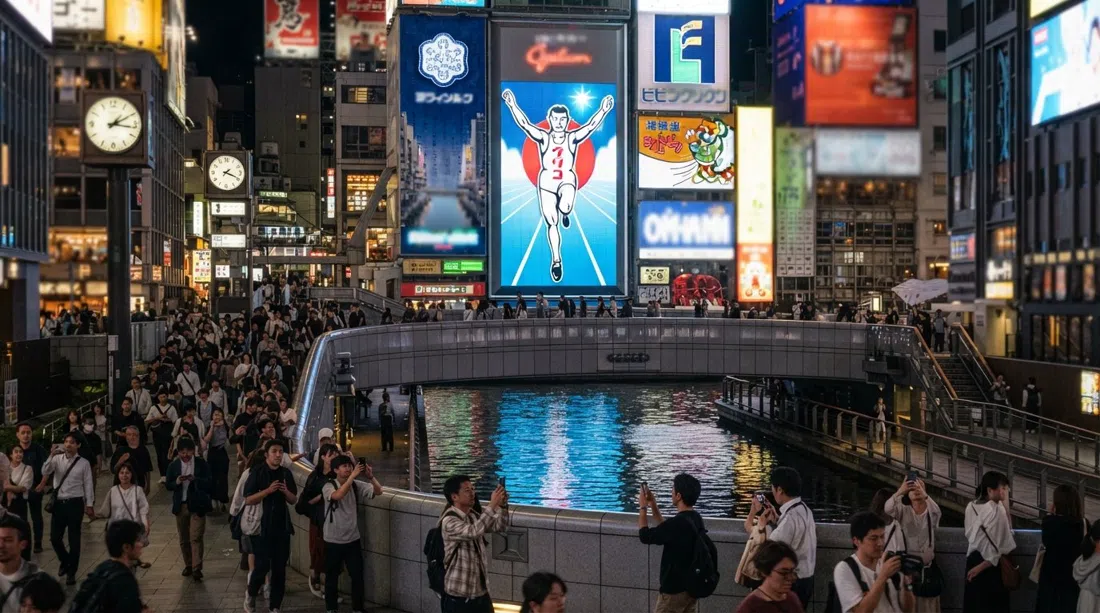 the Glico Running Man LED billboard over Ebisubashi bridge at night, reflected in the canal with crowds photographing the sign