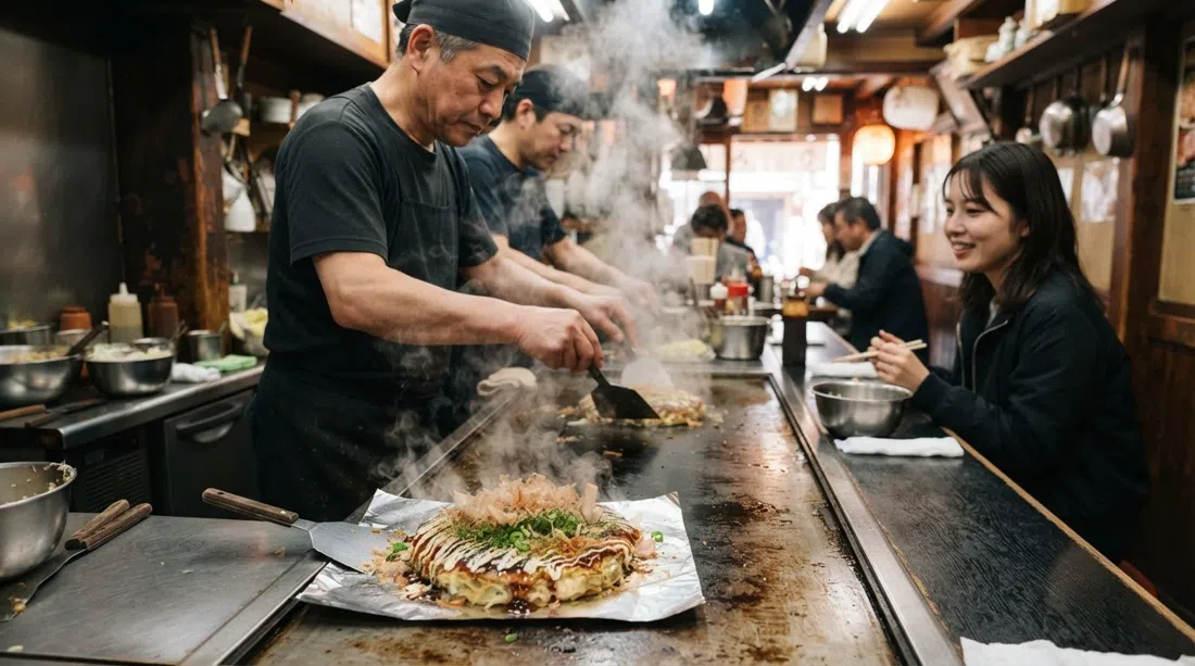 Okonomiyaki Mizuno’s hot griddle counter with a freshly cooked Yamaimoyaki, steam rising in the narrow restaurant interior