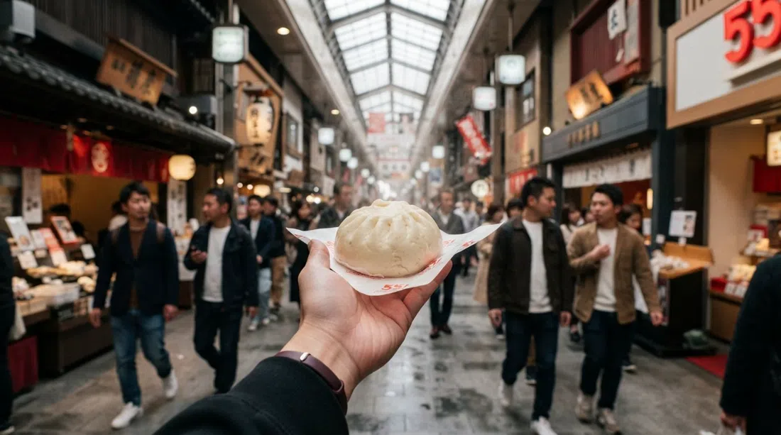 a 551 Horai butaman pork bun held in hand inside Ebisubashi-suji arcade, steam rising under the bright roofed shopping street
