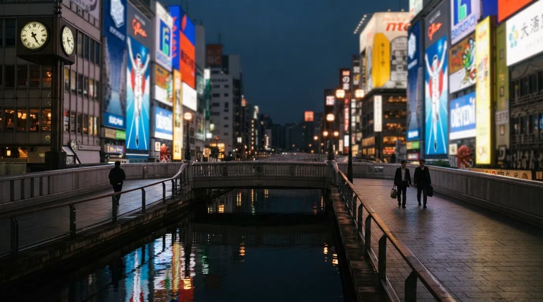 Ebisubashi bridge over the Dotonbori canal at early morning, empty pavement, neon signs reflected on still water