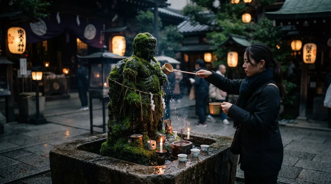 the moss-covered Mizukake Fudo statue at Hozen-ji Temple, water droplets on green moss in a dim lantern-lit courtyard