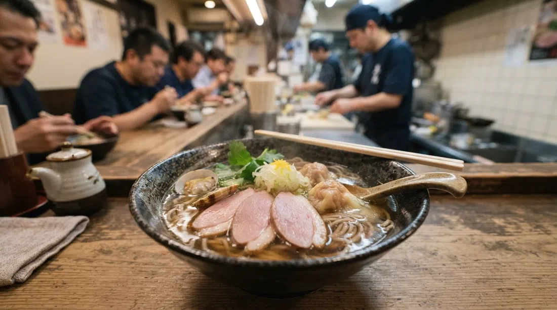 a steaming bowl of duck-and-shellfish kamo soba at Moeyo Mensuke, thin noodles in a clear broth under bright counter light
