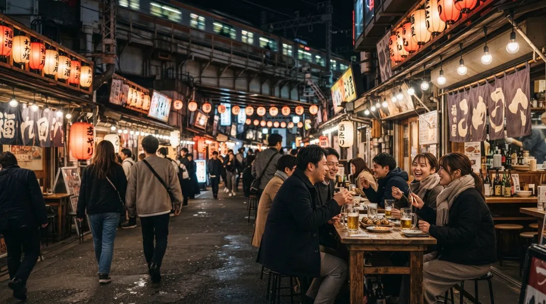 the lantern-lit stretch of Fukumaru Dori 57 under the elevated Loop Line tracks, with izakaya fronts and terrace tables glowing at night