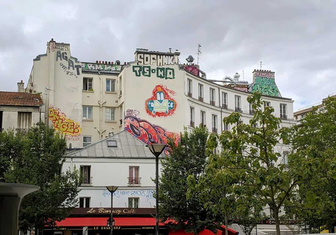 street artists painting a new mural on rue Dénoyez