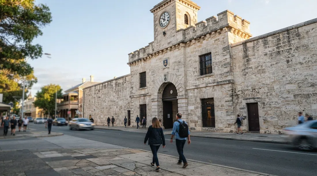 Fremantle Prison on The Terrace at late-afternoon light, pale limestone walls and austere convict-era facades rising above the street