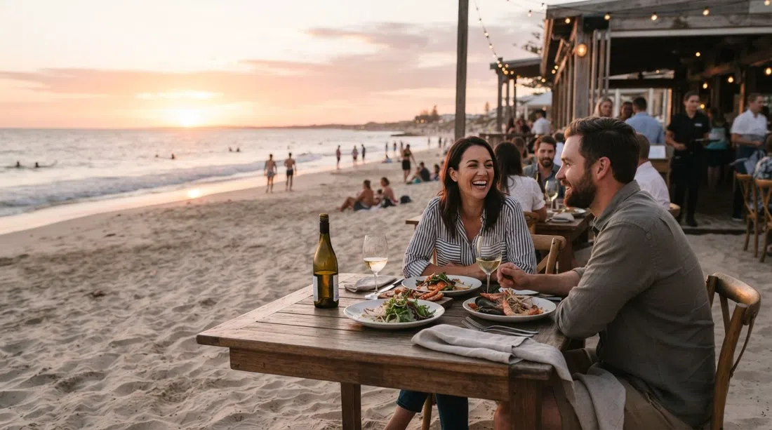 a table at Bathers Beach House on the sand at Bathers Beach, the waterline and low evening light visible beyond glasses and plates
