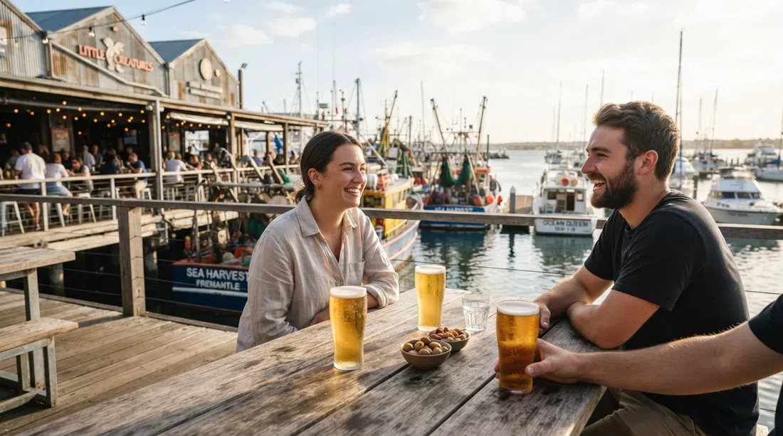Little Creatures brewery on the Fishing Boat Harbour, pale ale glasses on a table with fishing boats and harbour masts behind in afternoon light