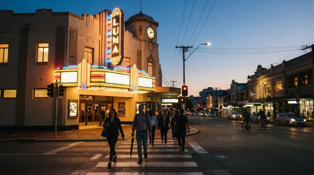 Luna Leederville’s Art Deco marquee glowing at dusk on the corner of Oxford and Vincent Streets, with pedestrians crossing below
