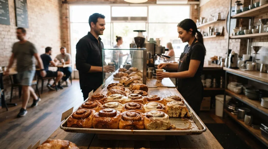a tray of glossy cinnamon scrolls at Smidge Bakery on Oxford Street, stacked behind the counter in bright morning light