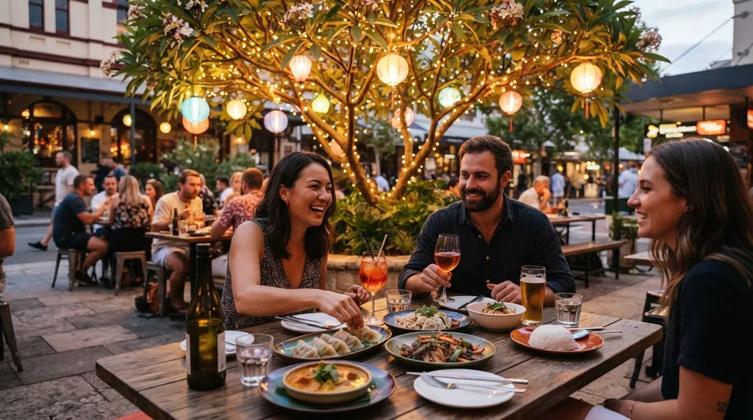 a shared-plate dinner at Kitsch Bar Asia under the lantern-lit frangipani tree on Oxford Street, warm evening tones and drinks on the table