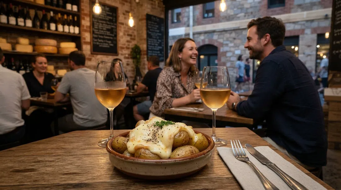 raclette over triple-cooked potatoes and a glass of wine at Powells Fromagerie & Wine Bar on Electric Lane, intimate evening lighting