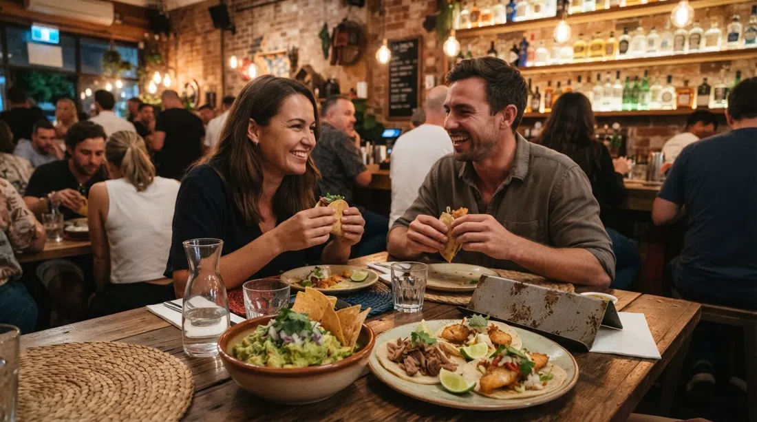 tacos and guacamole at La Cholita on William Street, with a crowded taqueria table and bottles of tequila in warm indoor light