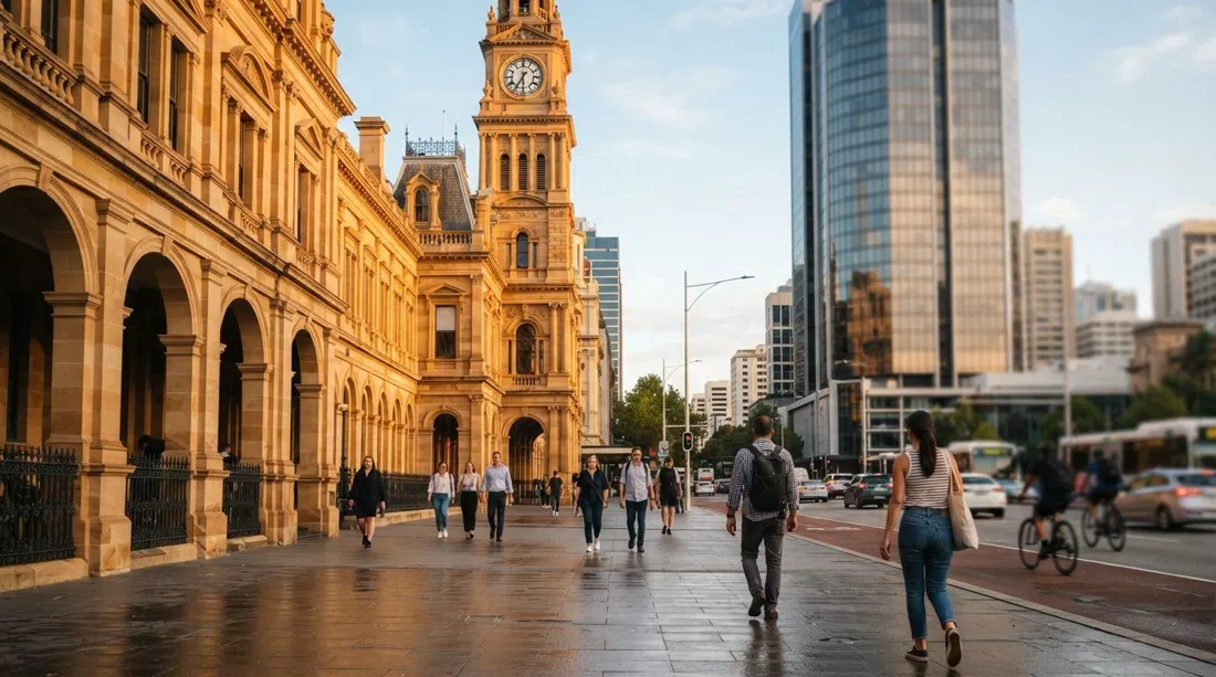 the honey-coloured State Buildings on St Georges Terrace at late afternoon, heritage stone glowing beside modern office towers