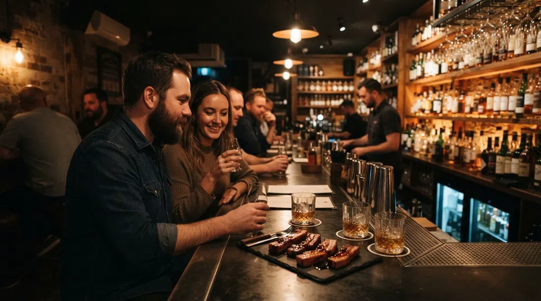 the basement bar at Varnish on King on King Street, dim whisky bottles, bacon flight plates and low amber light across the counter