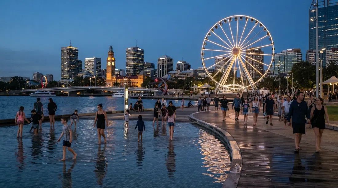 Elizabeth Quay at blue hour, the Ferris wheel lit above the Swan River boardwalk and the free BHP Water Park in the foreground