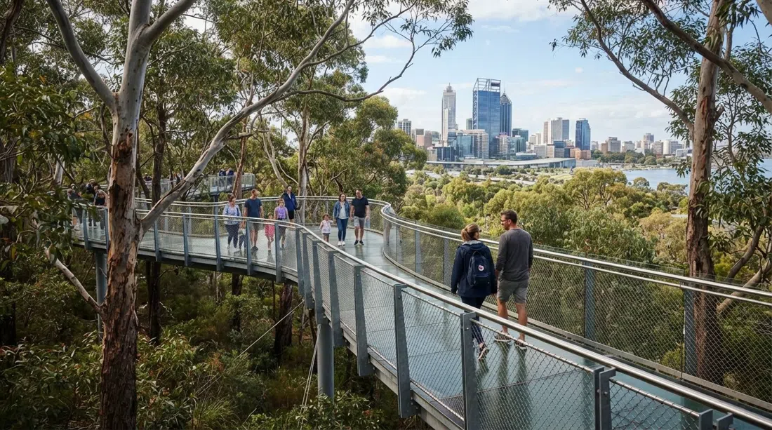 the Lotterywest Federation Walkway in Kings Park, glass-and-steel bridge suspended among eucalypt canopy with the city skyline beyond
