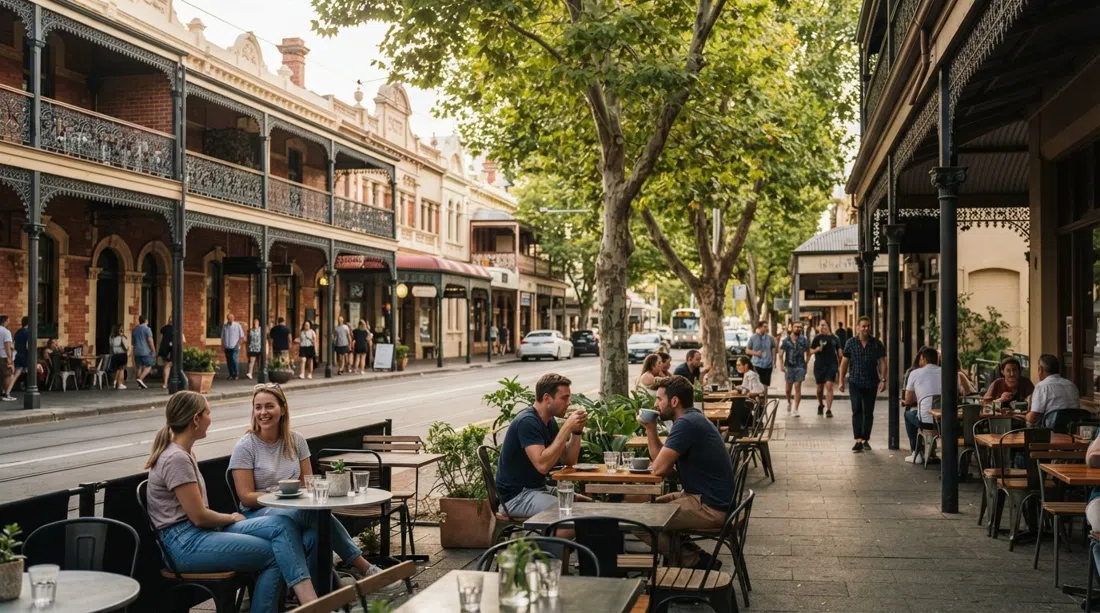 Rokeby Road in Subiaco under mature plane trees, wrought-iron verandahs and café tables spilling onto the footpath in soft afternoon light