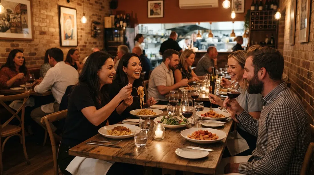the dining room at Lulu La Delizia off Rokeby Road, intimate tables set for a shared pasta banquet with warm evening glow