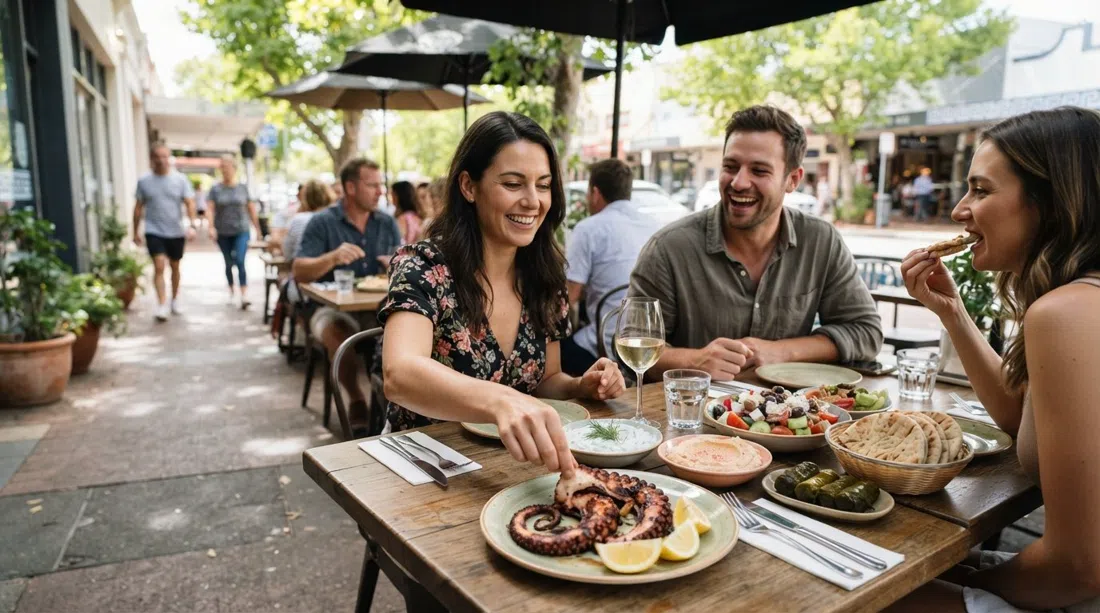a plate of grilled octopus and shared mezze at Lady of Ro, BYO Greek taverna tables along Rokeby Road in daylight