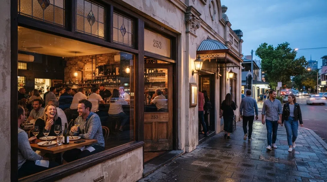 Lums on Hay Street in Subiaco, a 1920s shopfront turned wine bar with warm interior light and tables of wine glasses at dusk