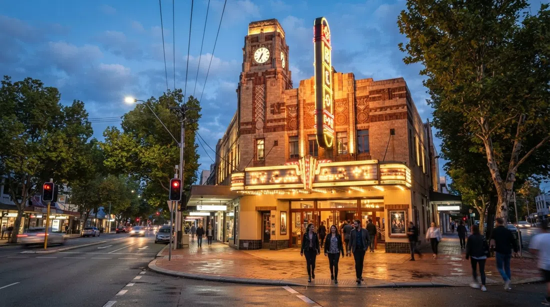 the Regal Theatre on the corner of Hay Street and Rokeby Road at twilight, its 1938 art deco façade glowing against the street trees