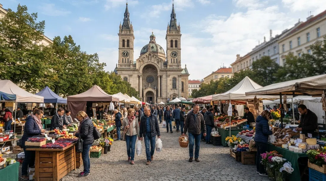 Karlínské náměstí in morning light with the Church of Saints Cyril and Methodius rising above the Saturday farmers’ market stalls