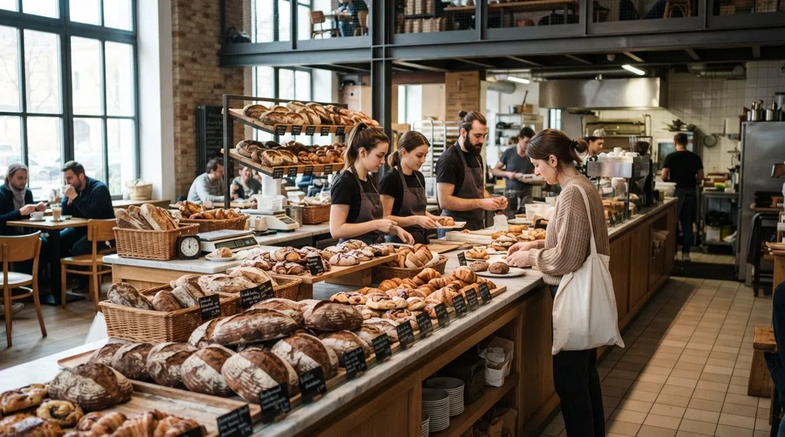 the Eska bakery counter in Karlín with beechwood-baked loaves, pastries and warm morning light on the modern bistro interior