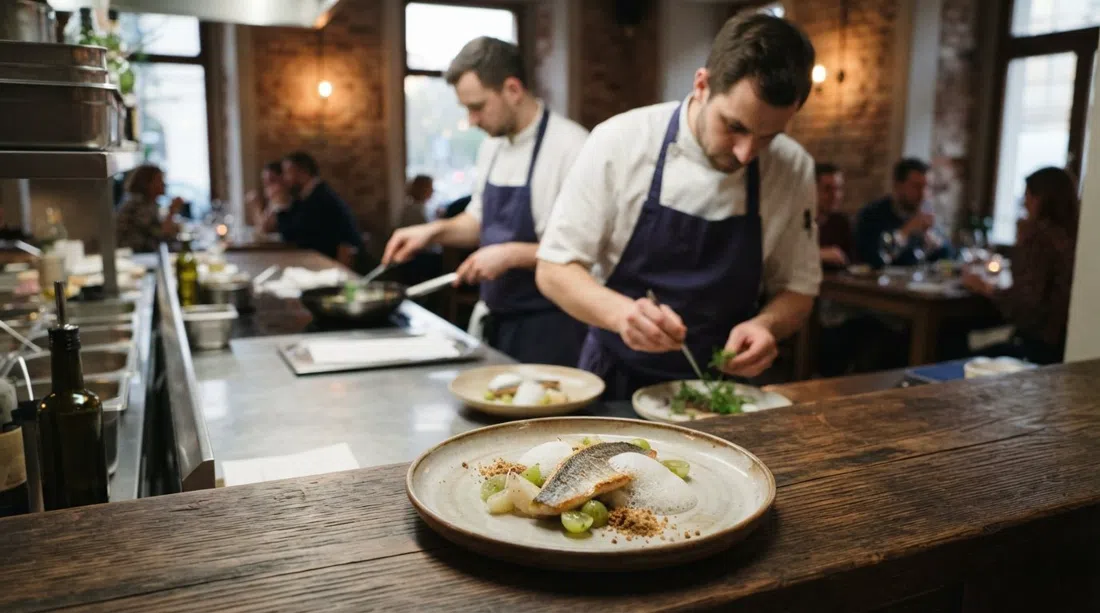 a plated tasting-menu course at Štangl viewed from the open kitchen, precise seasonal fine dining under soft evening light