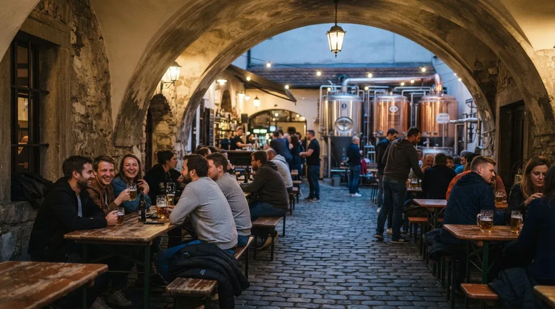 the cobbled courtyard beer garden at Dva Kohouti in evening light, brewery tanks, wooden tables and people gathered under the archway