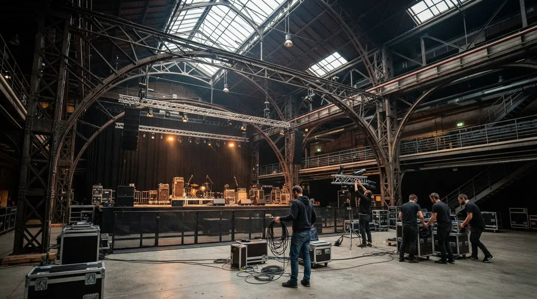 the industrial interior of Forum Karlín with exposed ironwork and a concert setup inside the former boiler factory