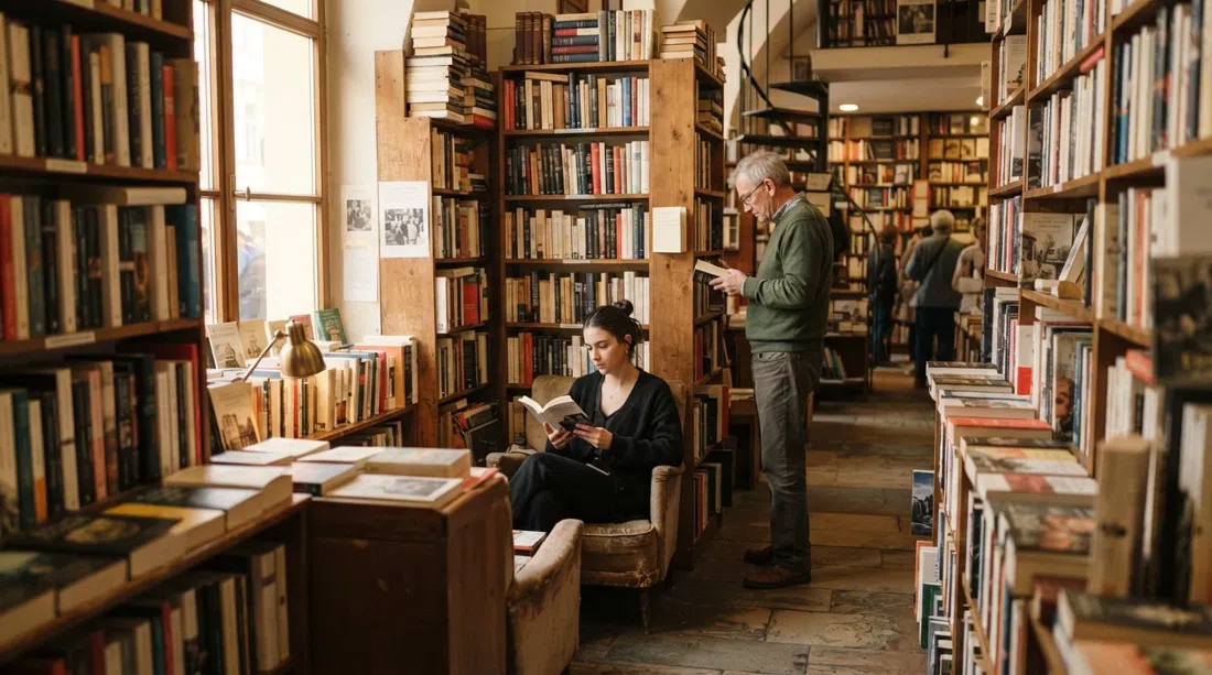 the interior of Shakespeare and Sons on U Lužického semináře, shelves of English and French books with reading nooks in warm afternoon light