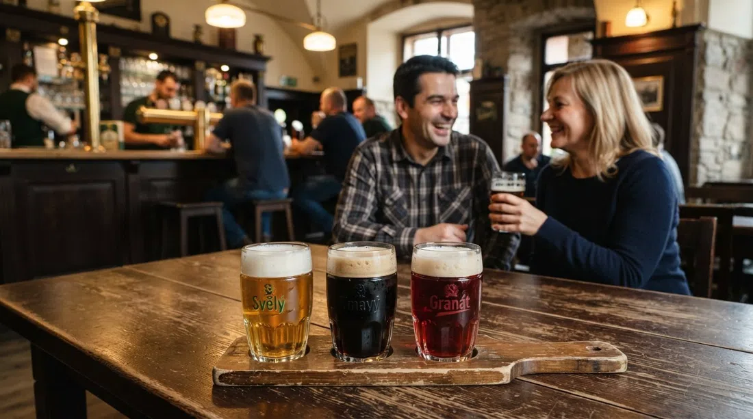 the Staropramen Visitor Centre bar interior in period Czech-hospoda style, tasting glasses of lager, dark beer and Granát special on a wooden table under warm light