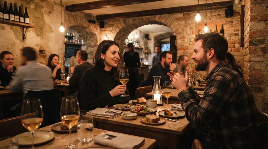 Bockem’s small exposed-brick dining room on Elišky Peškové, set for a seasonal tasting menu with natural wine glasses and intimate warm lighting